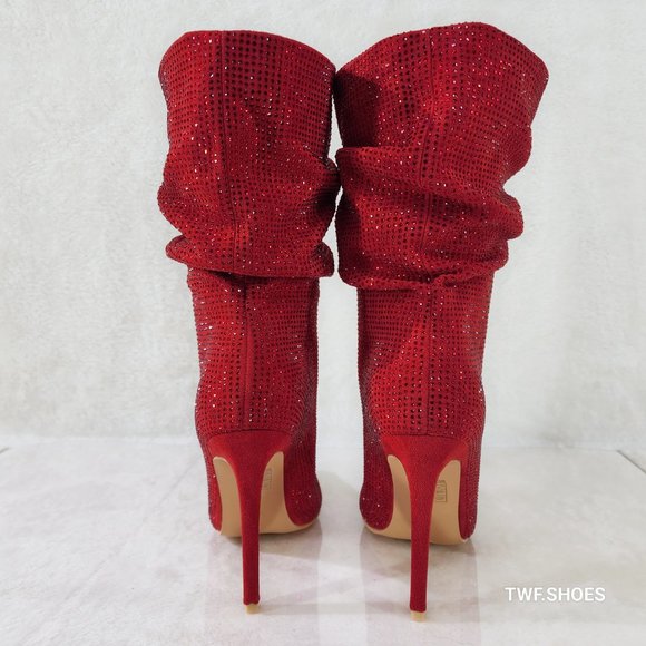 Resolve Sparkling Red Rhinestone High Heel Slouch Calf Boots New Years Bling - Picture 4 of 17